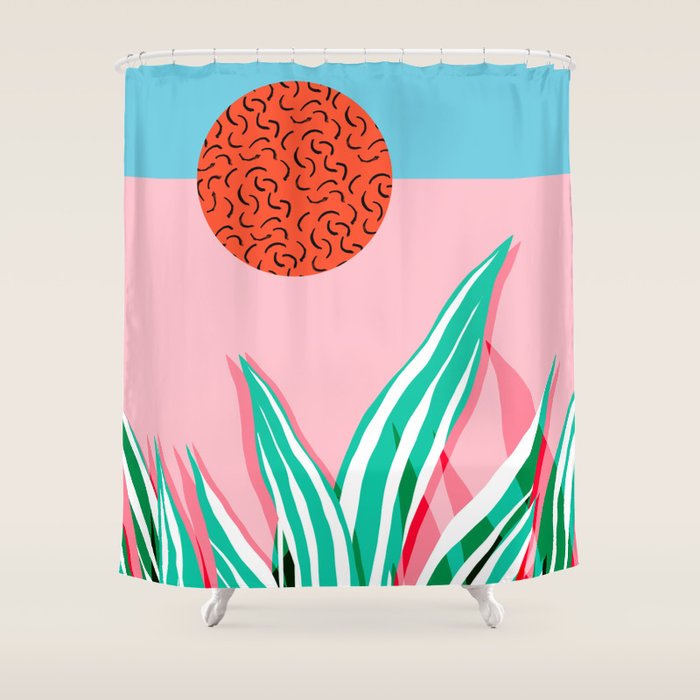 Freakin' - memphis throwback style palm springs neon art print 1980s vintage desert road trippin Shower Curtain Gallery Image 1