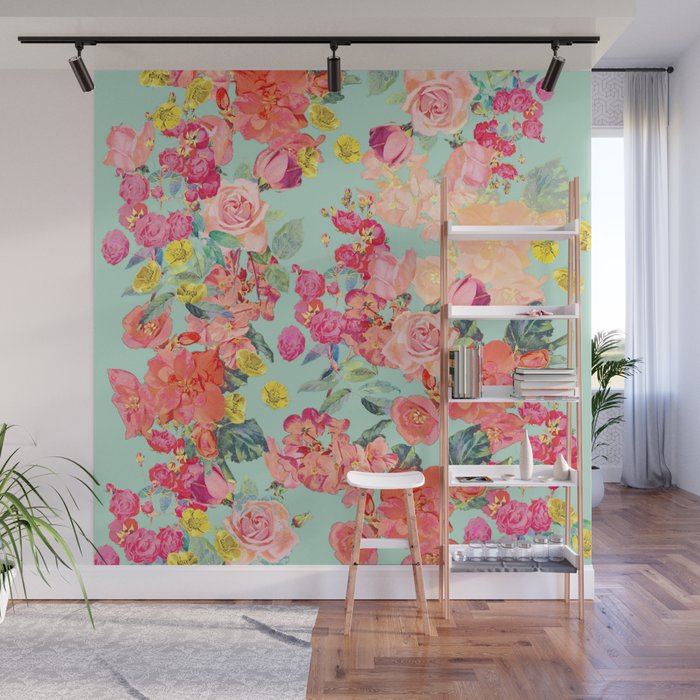 Antique Floral Print in Coral and Mint Tones Wall Mural