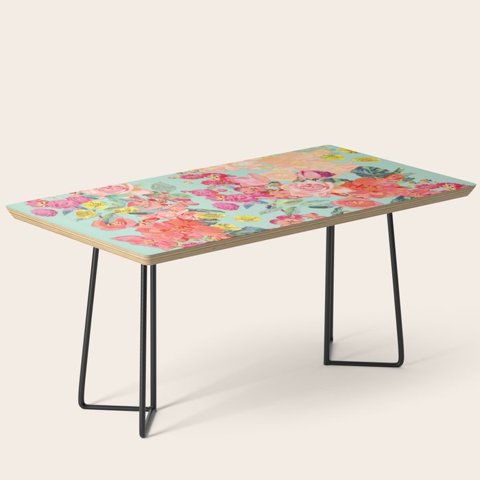 Antique Floral Print in Coral and Mint Tones Coffee Table Gallery Image 1
