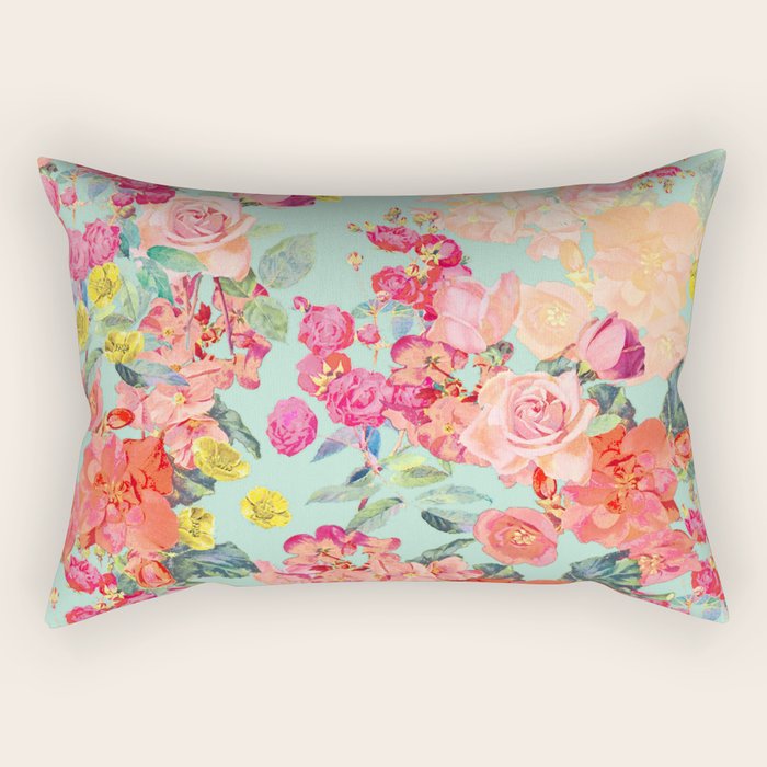 Antique Floral Print in Coral and Mint Tones Rectangular Pillow Gallery Image 2