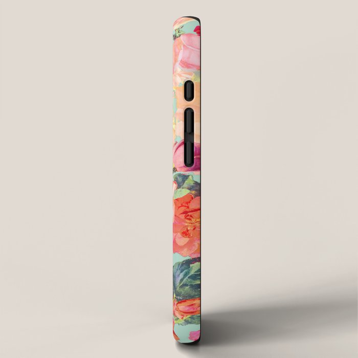 Antique Floral Print in Coral and Mint Tones iPhone Case Gallery Image 2