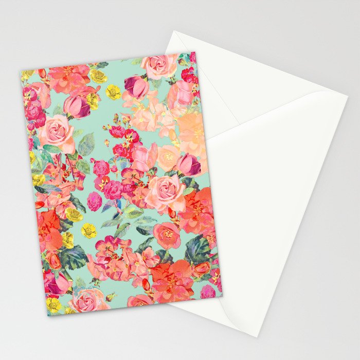 Antique Floral Print in Coral and Mint Tones Stationery Card Gallery Image 2