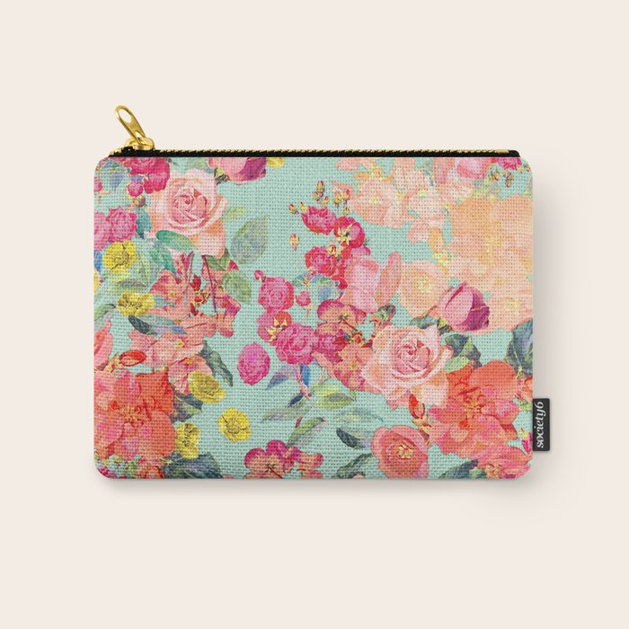 Antique Floral Print in Coral and Mint Tones Carry All Pouch Gallery Image 1