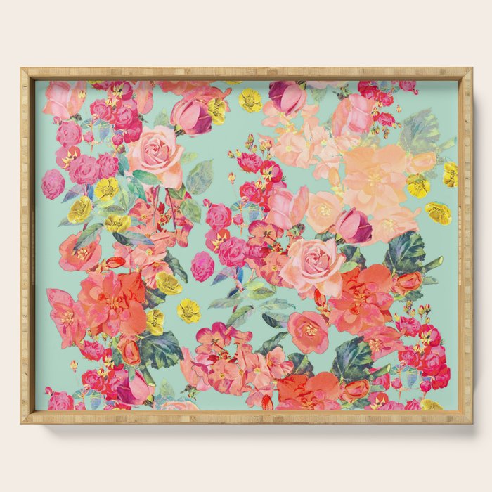 Antique Floral Print in Coral and Mint Tones Serving Tray Gallery Image 1
