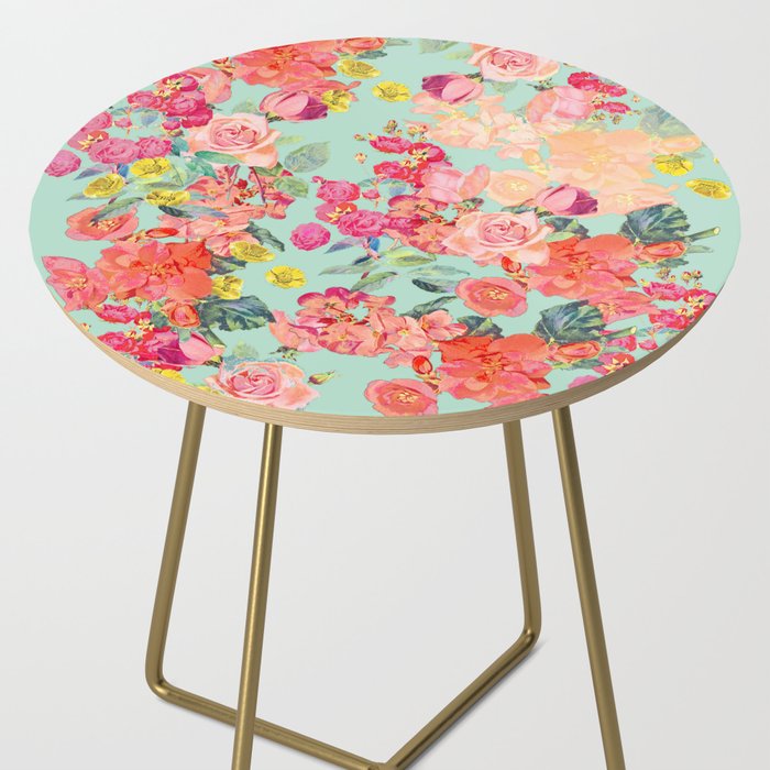 Antique Floral Print in Coral and Mint Tones Side Table Gallery Image 2