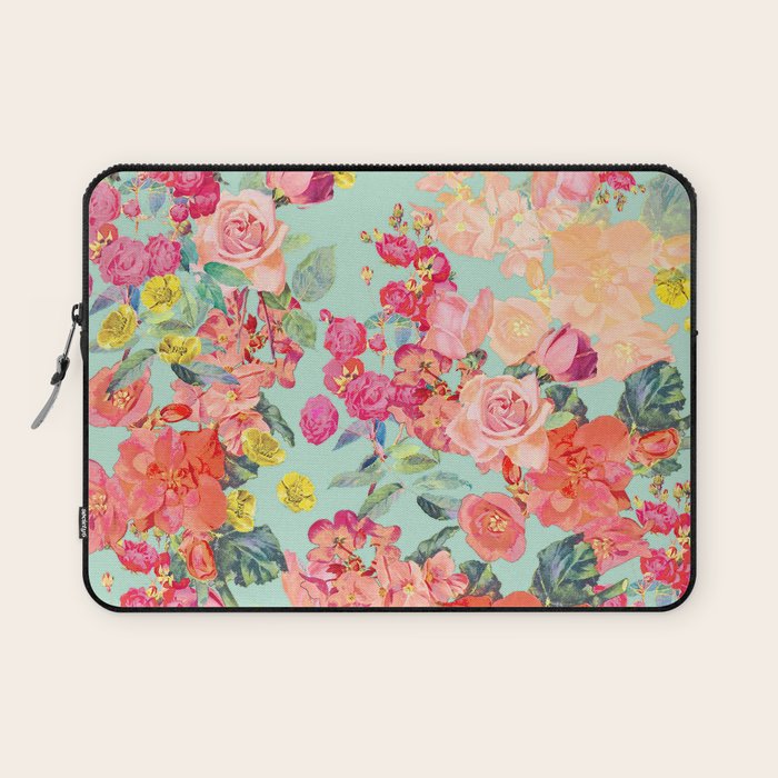 Antique Floral Print in Coral and Mint Tones Laptop Sleeve Gallery Image 1