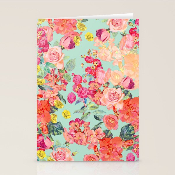 Antique Floral Print in Coral and Mint Tones Stationery Card Gallery Image 2