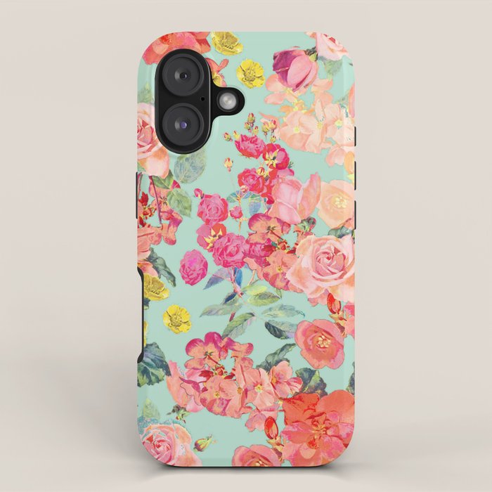 Antique Floral Print in Coral and Mint Tones iPhone Case Gallery Image 1