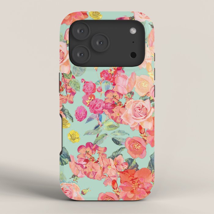 Antique Floral Print in Coral and Mint Tones iPhone Case Gallery Image 3