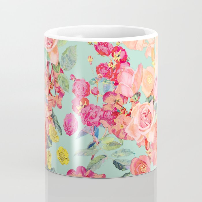 Antique Floral Print in Coral and Mint Tones Coffee Mug Gallery Image 4