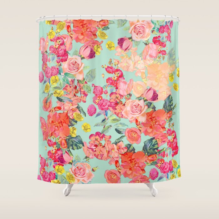 Antique Floral Print in Coral and Mint Tones Shower Curtain Gallery Image 1