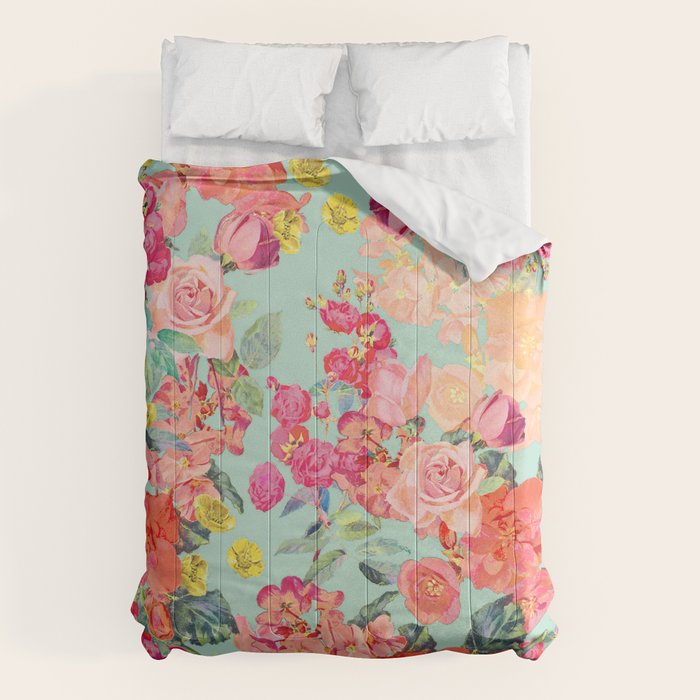 Antique Floral Print in Coral and Mint Tones Comforter Gallery Image 1