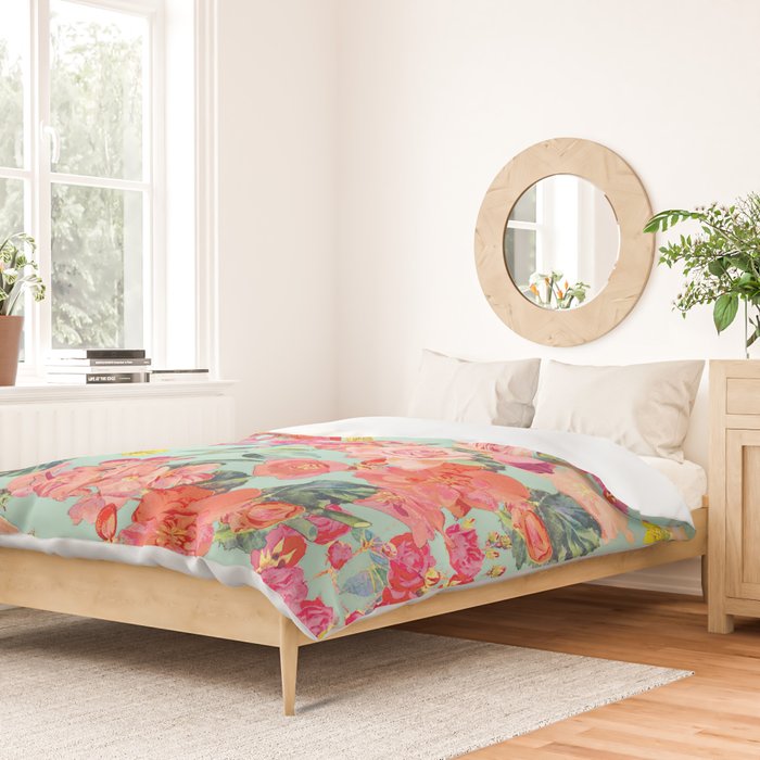 Antique Floral Print in Coral and Mint Tones Duvet Cover Gallery Image 2