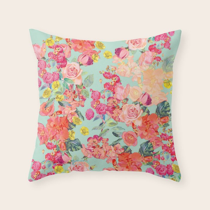 Antique Floral Print in Coral and Mint Tones Throw Pillow Gallery Image 1