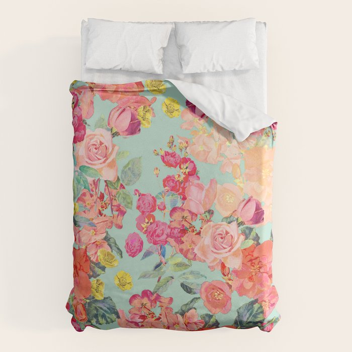 Antique Floral Print in Coral and Mint Tones Duvet Cover Gallery Image 6