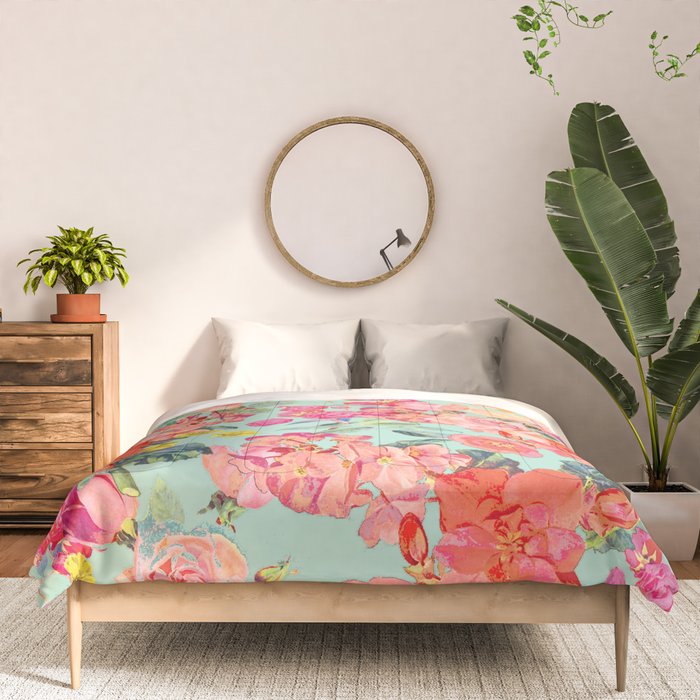 Antique Floral Print in Coral and Mint Tones Comforter Gallery Image 3