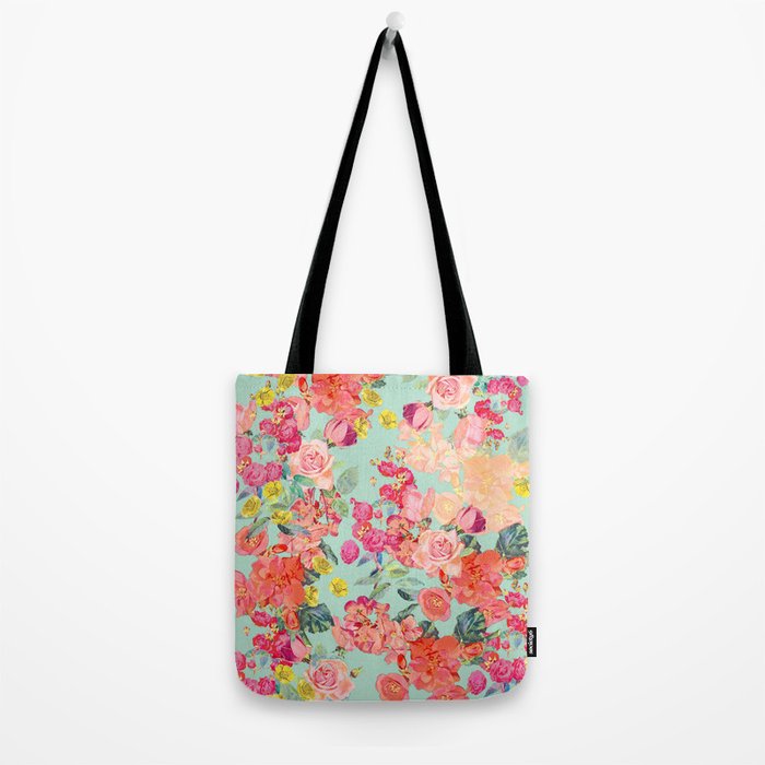 Antique Floral Print in Coral and Mint Tones Tote Bag Gallery Image 2