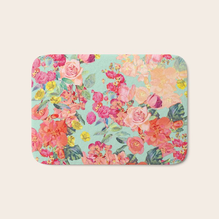 Antique Floral Print in Coral and Mint Tones Bath Mat Gallery Image 1