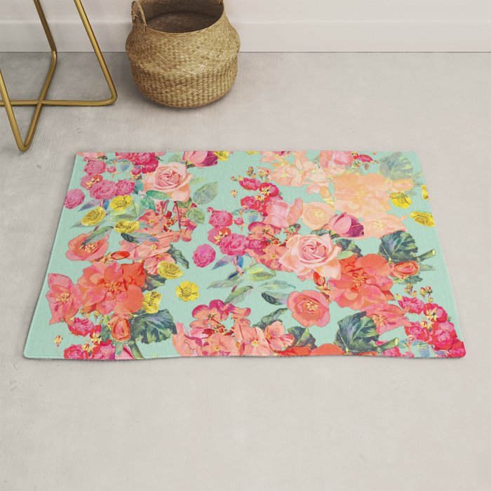 Antique Floral Print in Coral and Mint Tones Rug Gallery Image 1