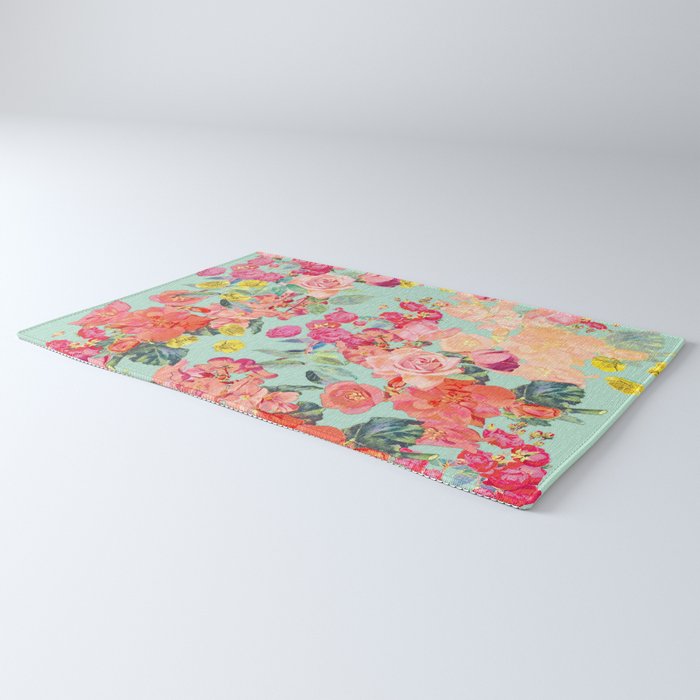 Antique Floral Print in Coral and Mint Tones Rug Gallery Image 3