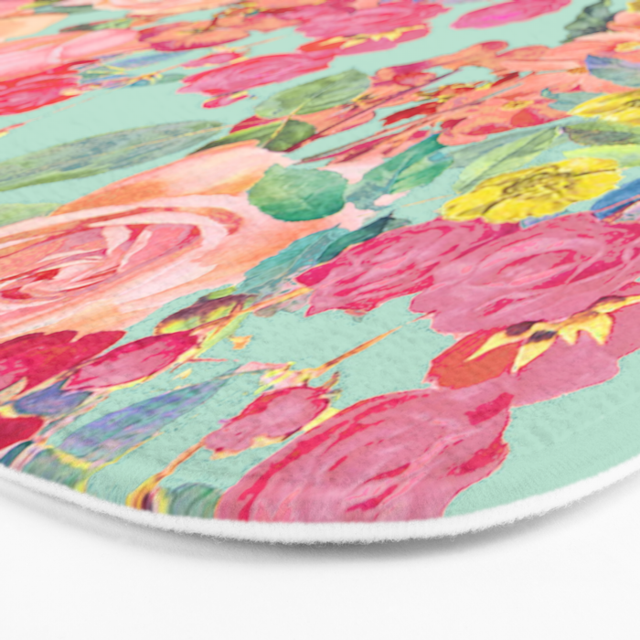 Antique Floral Print in Coral and Mint Tones Bath Mat Gallery Image 3