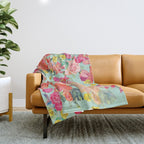 Antique Floral Print in Coral and Mint Tones Throw Blanket Gallery Image 1