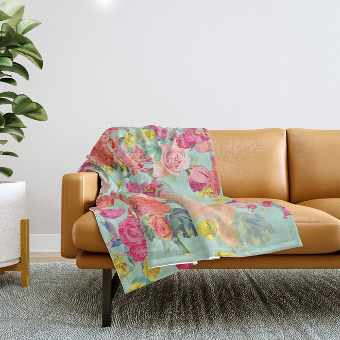 Antique Floral Print in Coral and Mint Tones Throw Blanket Gallery Image 1