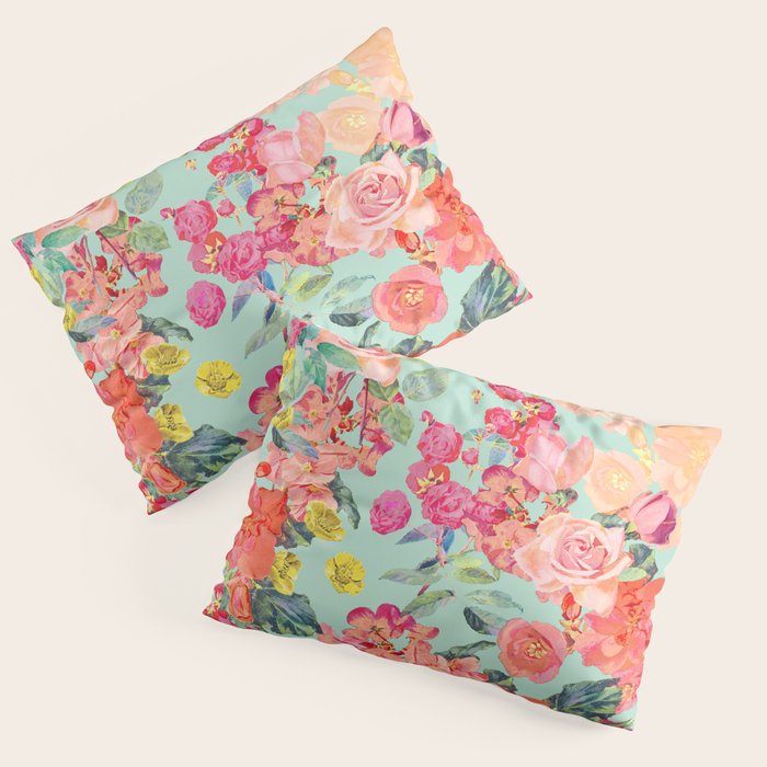 Antique Floral Print in Coral and Mint Tones Pillow Sham Gallery Image 1