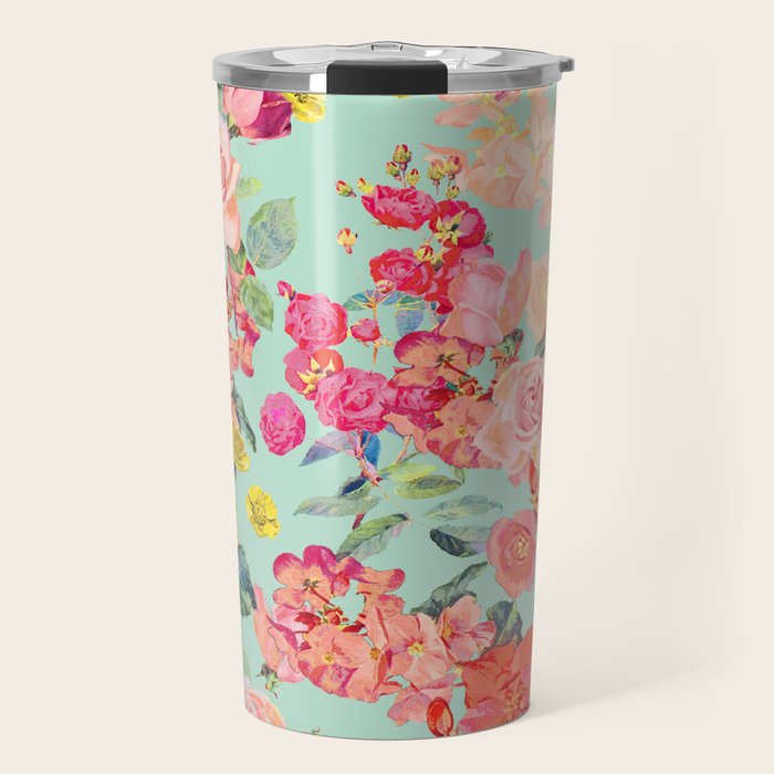 Antique Floral Print in Coral and Mint Tones Travel Mug Gallery Image 1