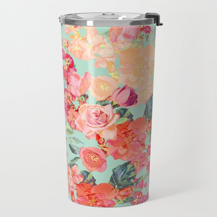 Antique Floral Print in Coral and Mint Tones Travel Mug Gallery Image 2