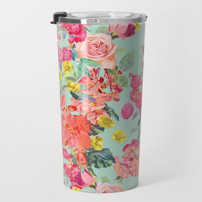 Antique Floral Print in Coral and Mint Tones Travel Mug Gallery Image 3