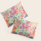 Antique Floral Print in Coral and Mint Tones Pillow Sham Gallery Image 3