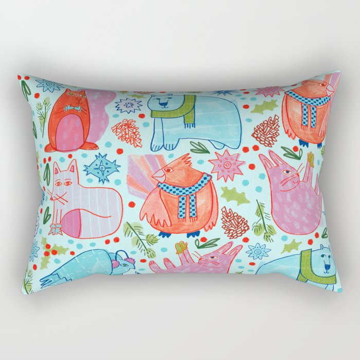 Winter Forest Woodland Animals in Arctic Blue Rectangular Pillow Gallery Image 1