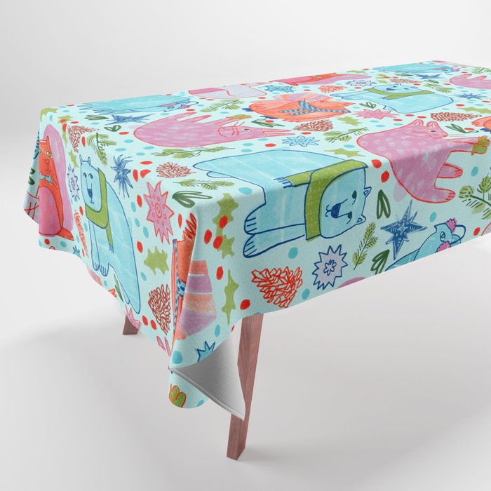 Winter Forest Woodland Animals in Arctic Blue Tablecloth Gallery Image 1