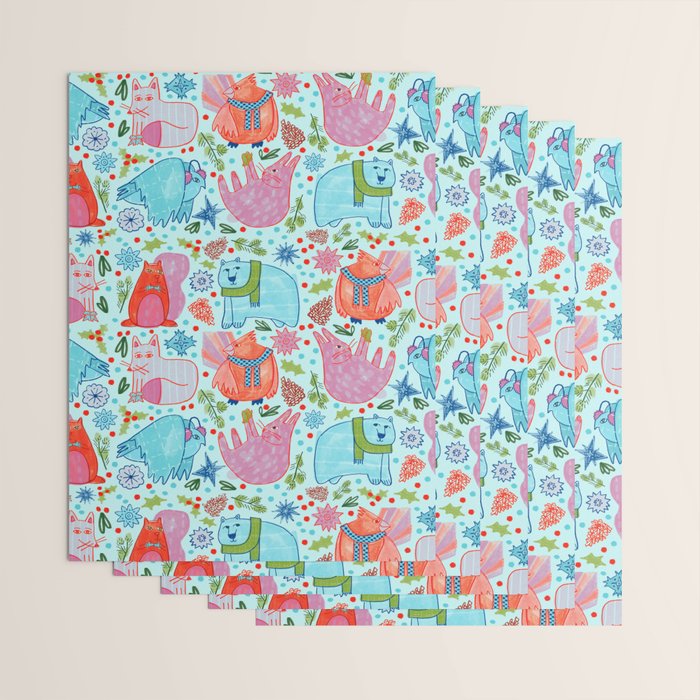 Winter Forest Woodland Animals in Arctic Blue Wrapping Paper Gallery Image 3