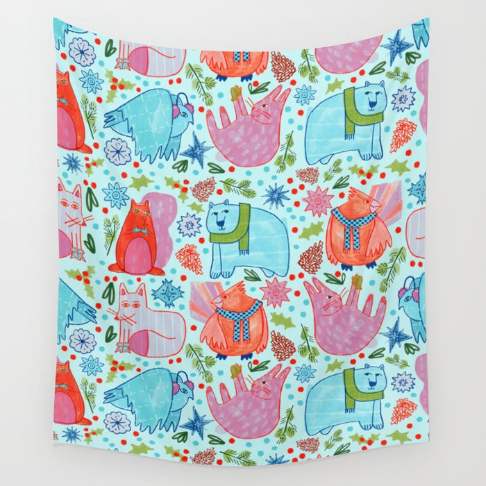 Winter Forest Woodland Animals in Arctic Blue Wall Tapestry Gallery Image 1