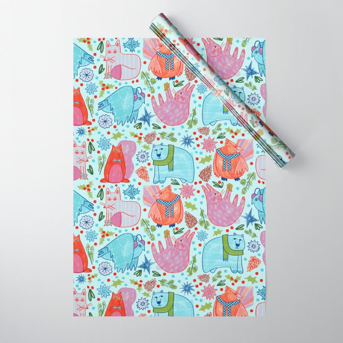 Winter Forest Woodland Animals in Arctic Blue Wrapping Paper Gallery Image 1