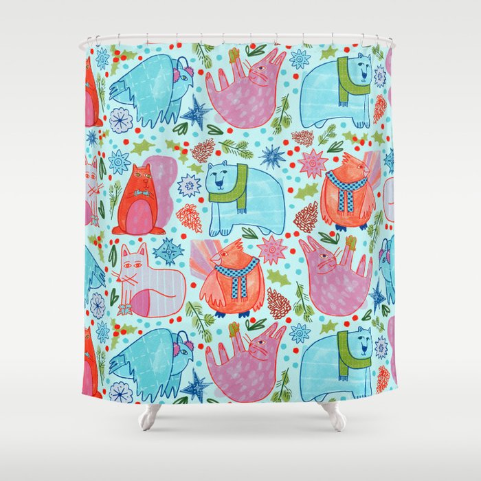 Winter Forest Woodland Animals in Arctic Blue Shower Curtain Gallery Image 1