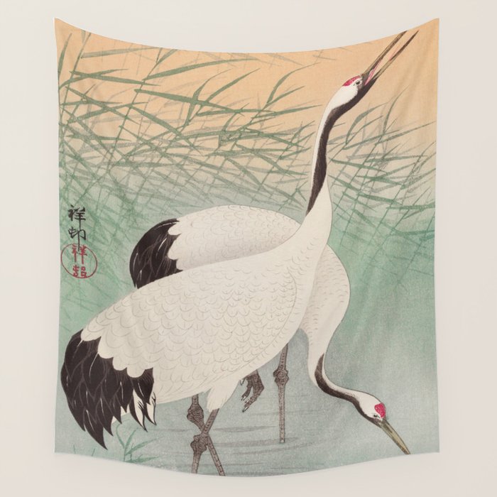 Two cranes in the lake - Japanese vintage woodblock print Wall Tapestry Gallery Image 4