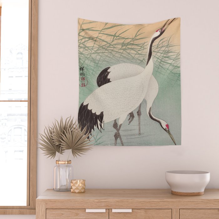 Two cranes in the lake - Japanese vintage woodblock print Wall Tapestry Gallery Image 2
