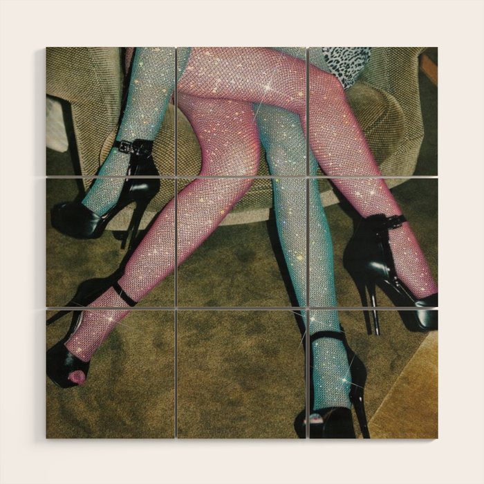 GIRLS PARTY TIME | digital collage art by Yana Potter | sparkle pantyhose | diamonds | love  Wood Wall Art Gallery Image 1