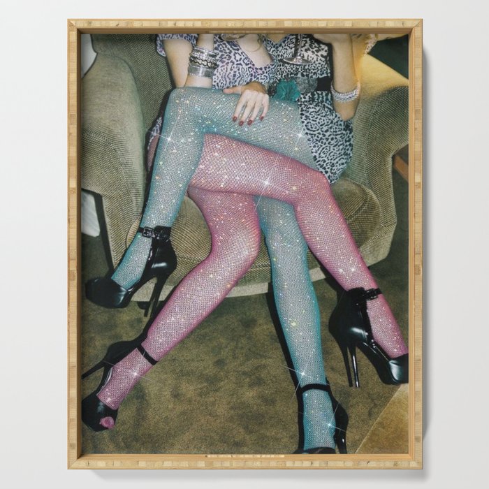 GIRLS PARTY TIME | digital collage art by Yana Potter | sparkle pantyhose | diamonds | love  Serving Tray Gallery Image 1