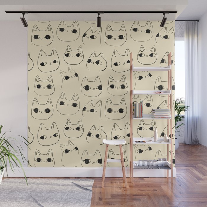 Cute Kawaii Cat Face Doodle Sketch Drawings Wall Mural Gallery Image 1