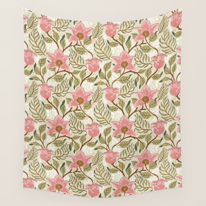 Spring Garden Flowers - Pink and Green Wall Tapestry Gallery Image 4