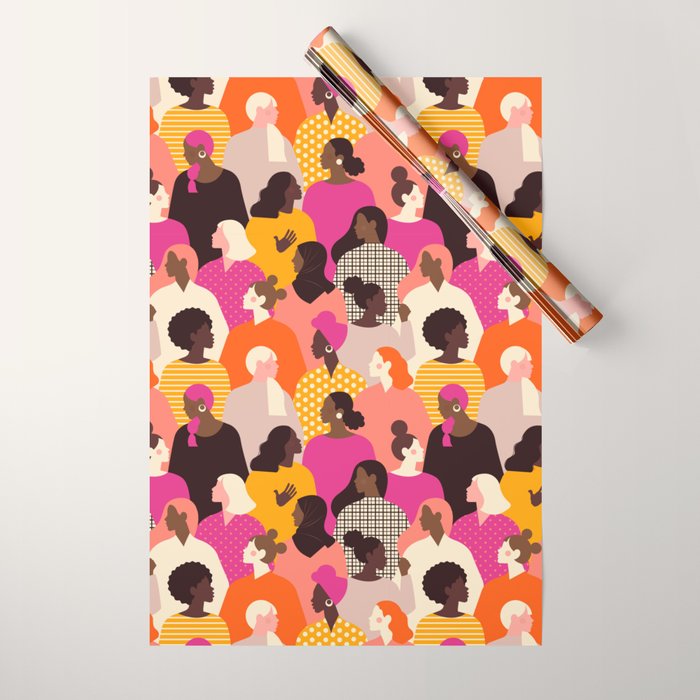Female diverse faces pink Wrapping Paper Gallery Image 1