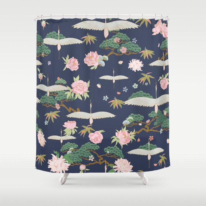 Japanese Crane Tropical Exotic Flower Pattern Shower Curtain Gallery Image 1