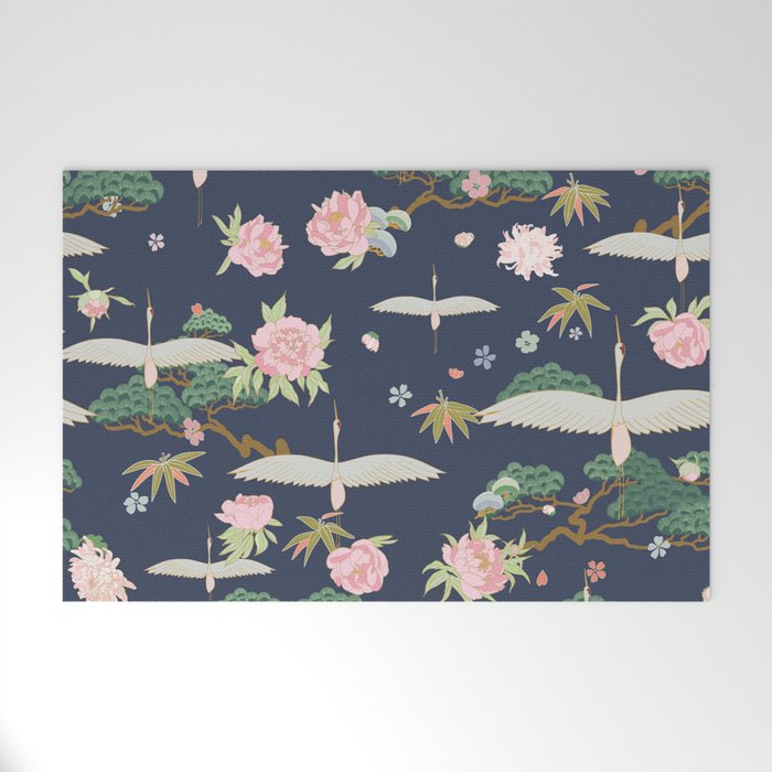 Japanese Crane Tropical Exotic Flower Pattern Welcome Mat Gallery Image 1