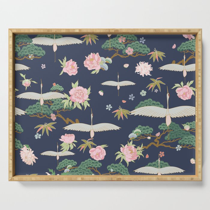 Japanese Crane Tropical Exotic Flower Pattern Serving Tray Gallery Image 1