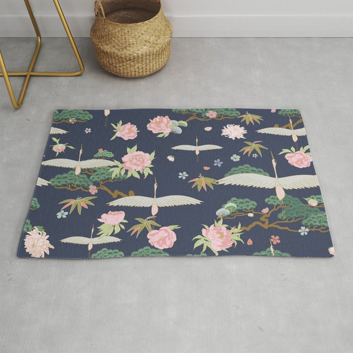 Japanese Crane Tropical Exotic Flower Pattern Rug Gallery Image 1