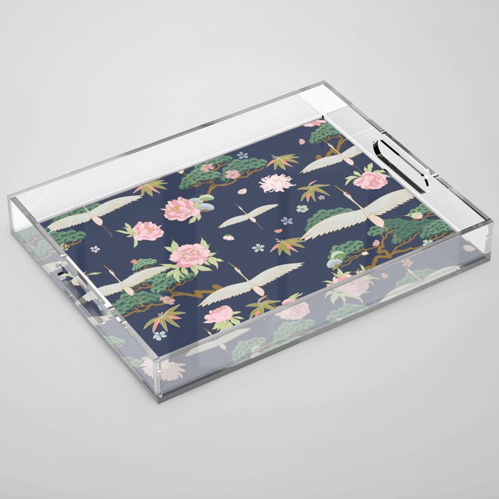 Japanese Crane Tropical Exotic Flower Pattern Acrylic Tray Gallery Image 1